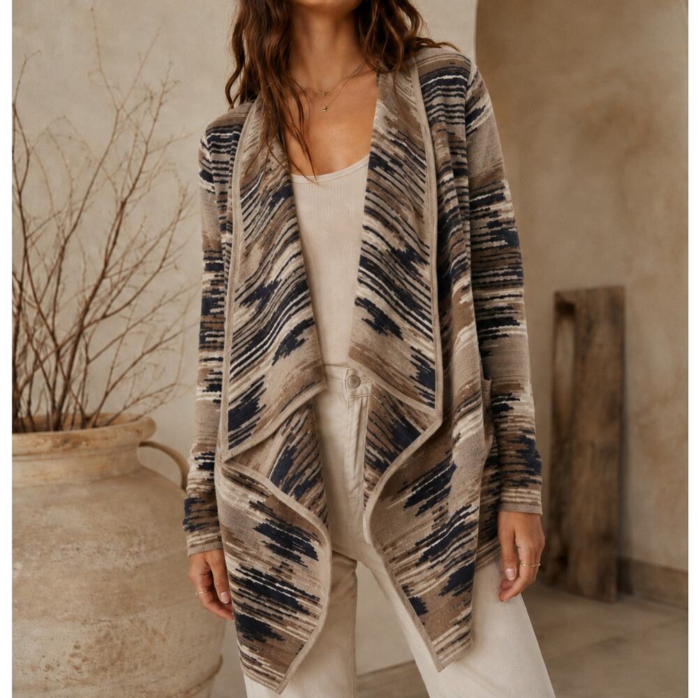 Lucky Brand Aztec Drape Cardigan Open Front Long Sleeve Knit Sweater Small NEW